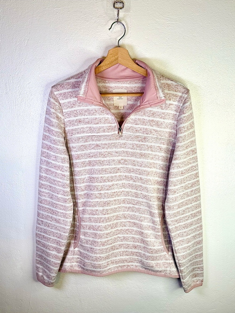 Thread & Supply Pink White Striped Marled Knit Quarter Zip Pullover Sweater Sz L - Picture 4 of 16